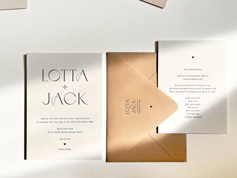 Luxury minimal letterpress wedding invitation, envelope and details card - Lotta