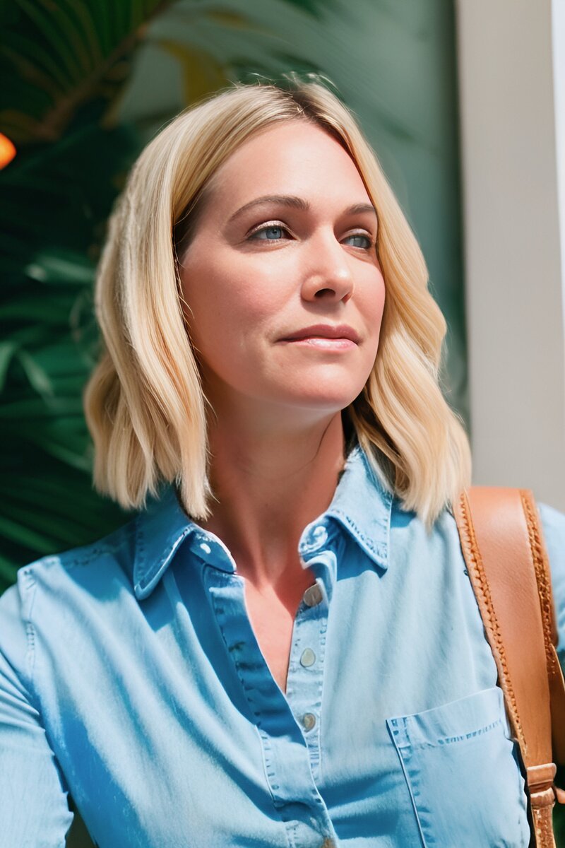 PICTURE OF WOMAN WITH BLONDE HAIR IN BLUE SHIRT OUTSIDE JO WOOD