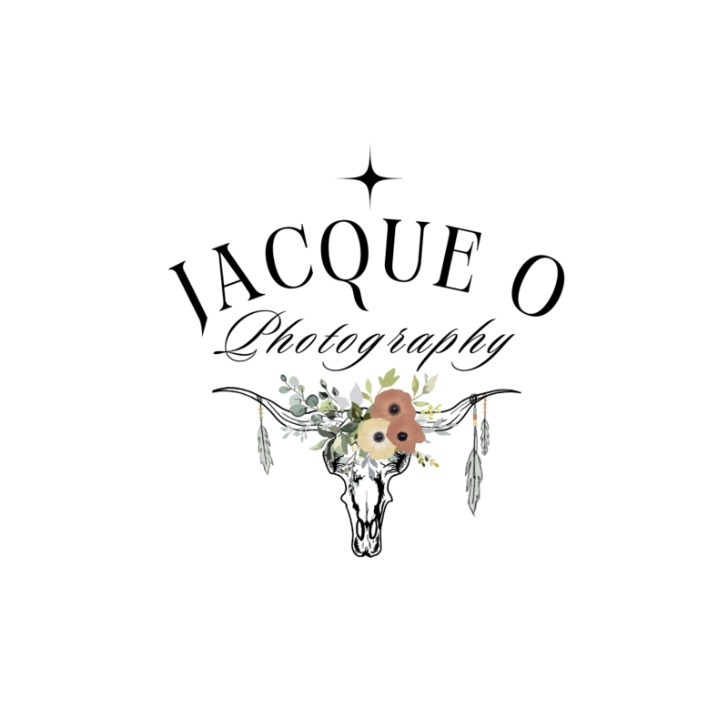 Logo of a bull skull with flowers and the name Jacque O Photography around it
