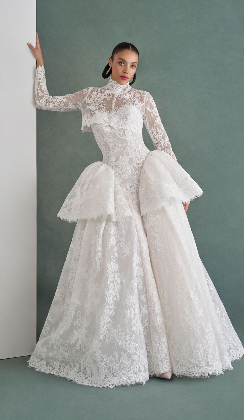 Lace wedding gown lace jacket Mark Ingram bridal
