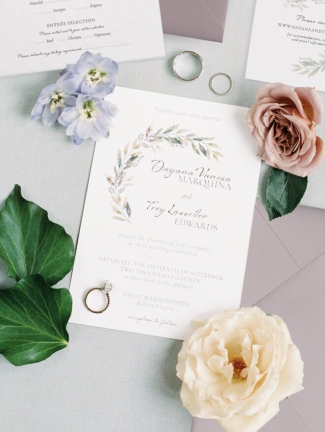 Great marsh estate wedding invitation with floral accent by liz theal designs