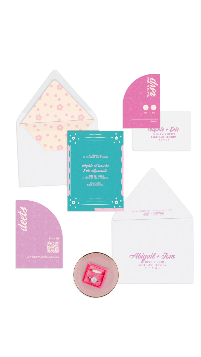 A colorful retro invitation set with daisy flowers.