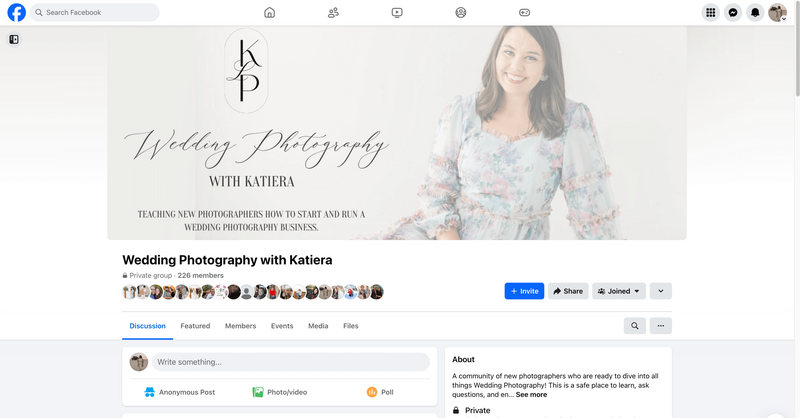 the how to become a wedding photographer facebook group by katiera screenshot mocked up on a macbook