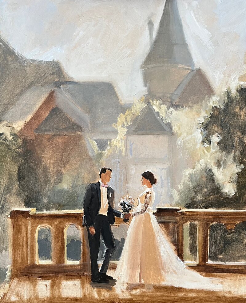 painting of bride and groom in front of castle