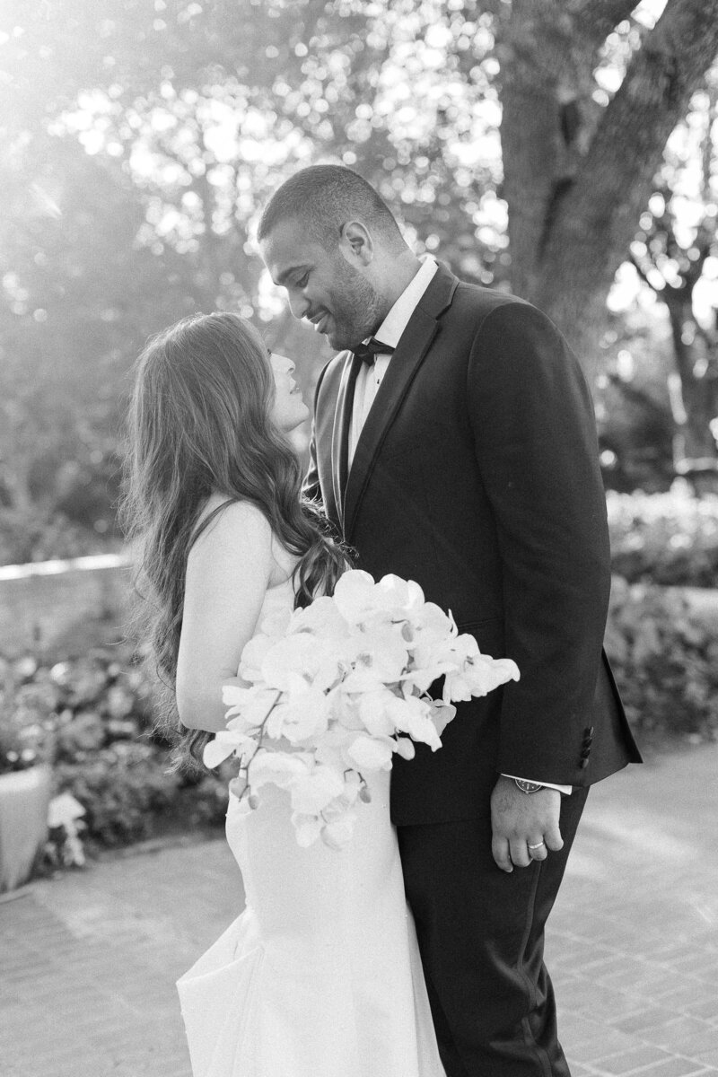 romantic black and white photo of bride and groom