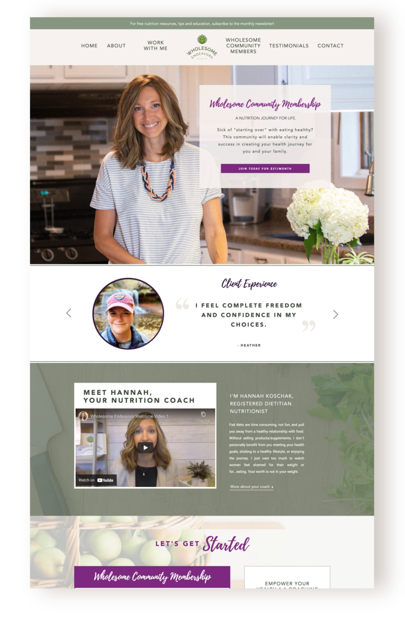 Custom website design for nutrition coach Wholesome Endeavors