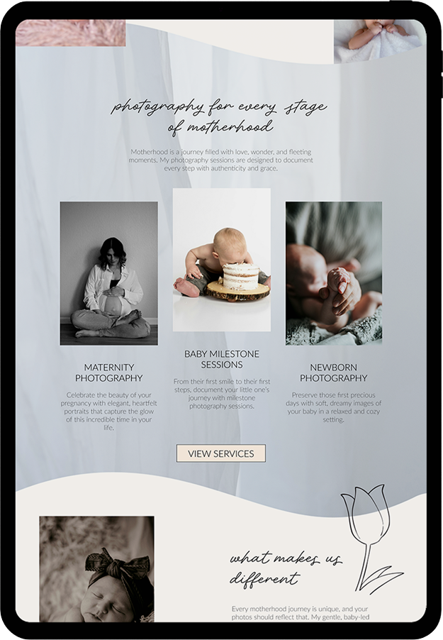 Showit site featuring soft typography and elegant layout for baby photographer

