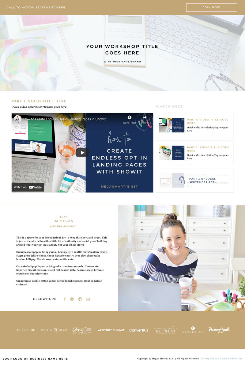 Product Launch Formula style Video Series Website Template for Showit