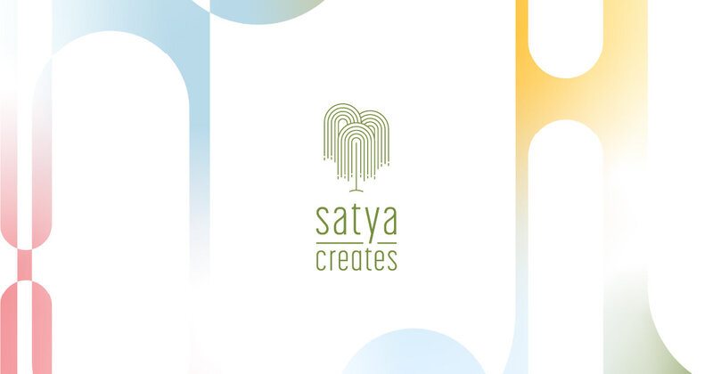 Rectangular image with a Satya Creates logo in the center and multi color gradient oval shapes in the background