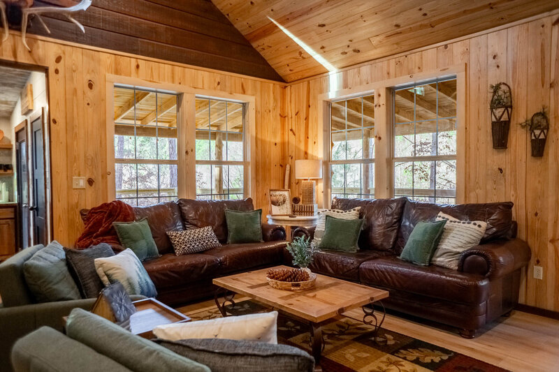 Welcoming living room inside cabin rental near Wolfpen Gap