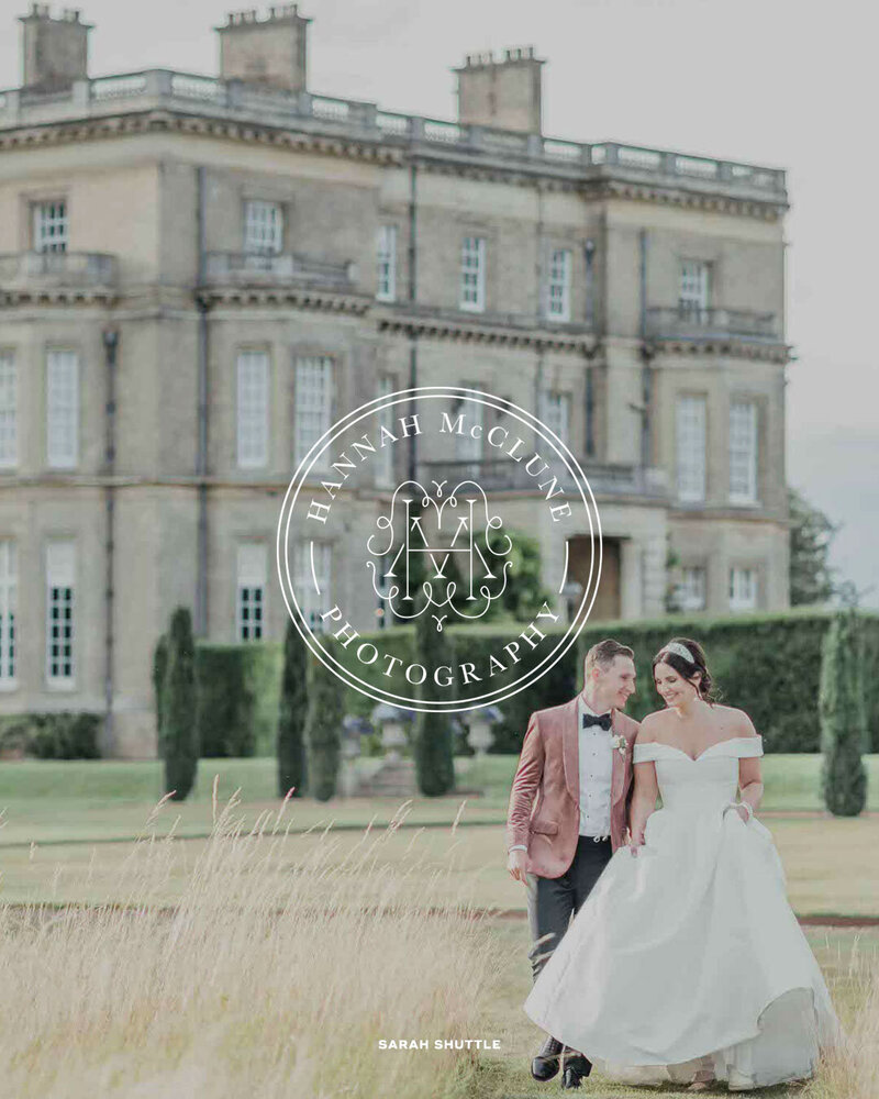 Hannah McClune submark over romantic photo of bride and groom in gardens