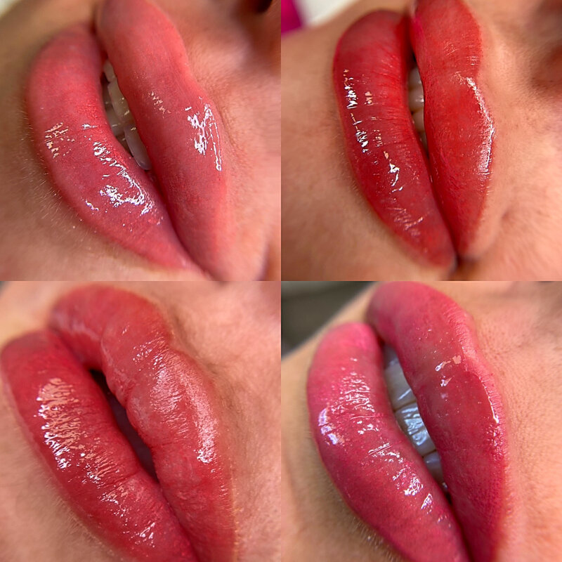 Close-up of a client’s lips showcasing the before and after results of a fresh lip blush treatment at Blushed Miami.