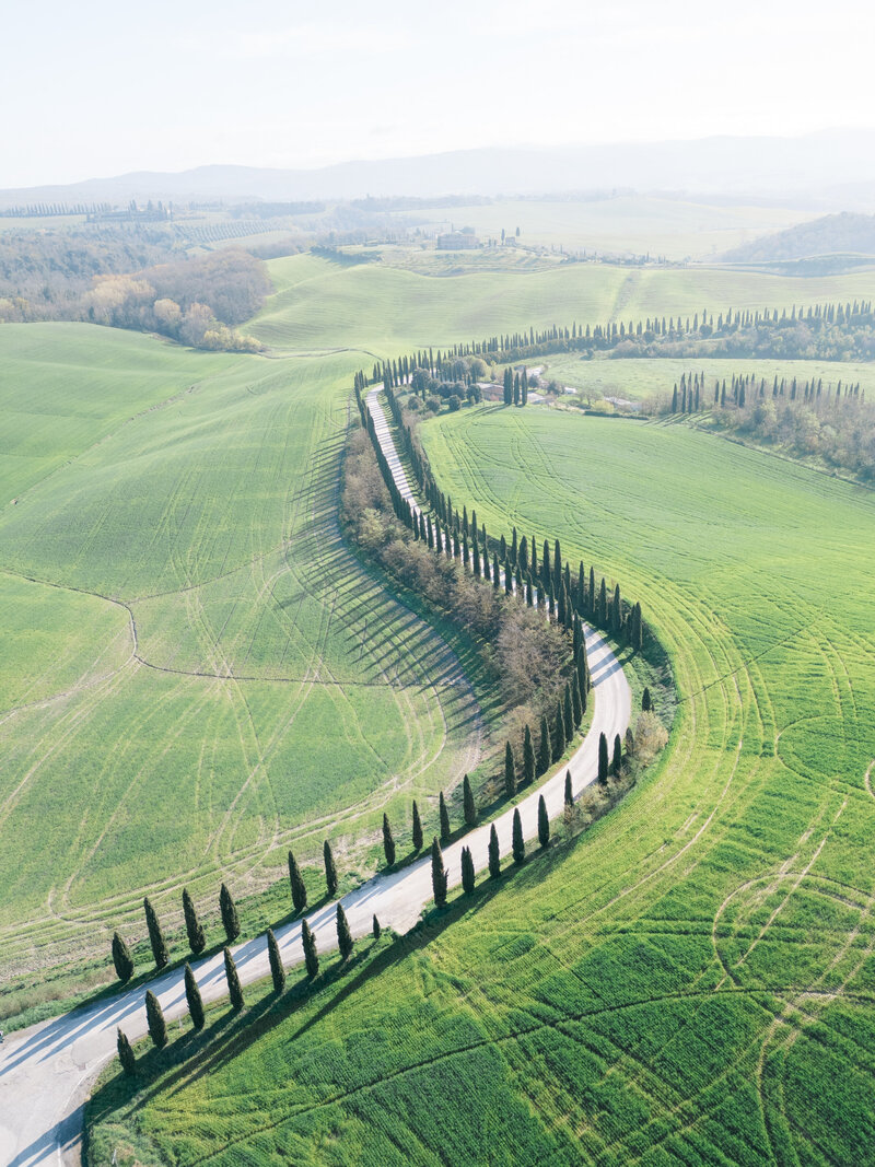 Wedding and Elopement Photography, aeriel shot of long winding road