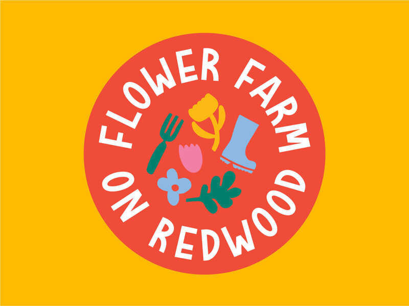 Colorful Red circle logo for flower farm on redwood with doodles of gardening