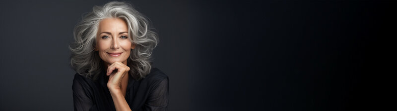 Older attractive woman sharply dressed with head propped in hand