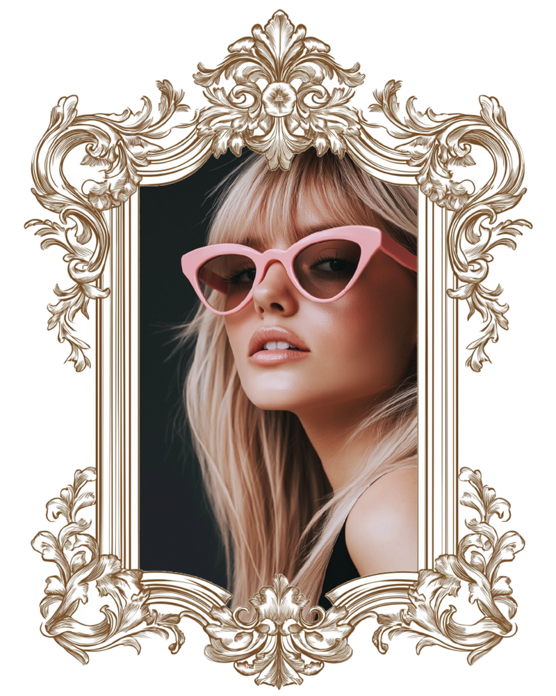 gilded frame illustration -blonde woman in pink sunglasses