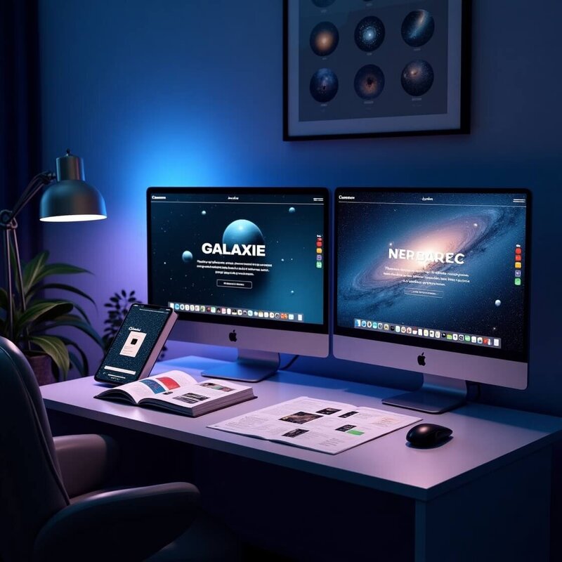 Espace de travail avec ordinateurs affichant un design galaxie, tablette et documents ouverts, illustrant un accompagnement en coaching digital et gestion des réseaux sociaux proposé par Lili Créa Design à Saint-Nazaire