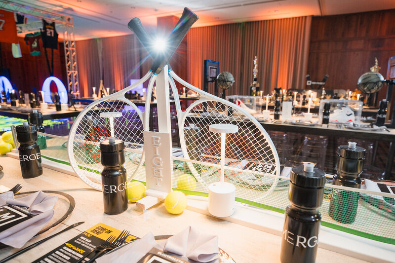 Sports themed corporate dinner table estting