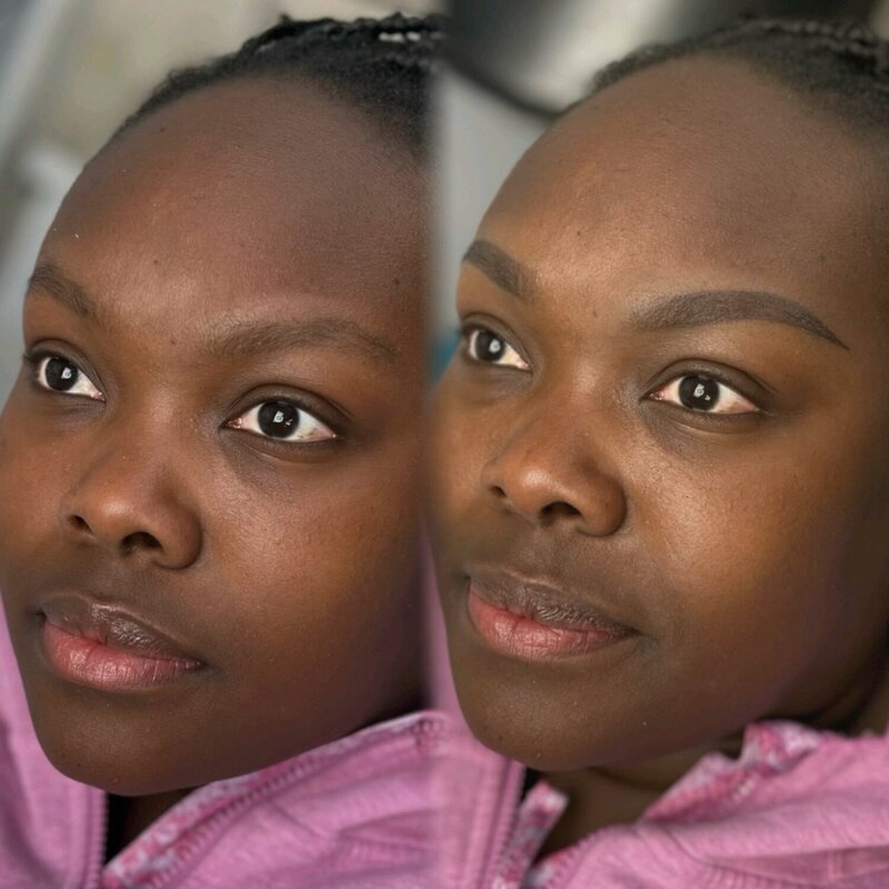 Before and after of a woman with dark skin featuring healed permanent brows that enhance balance and definition.