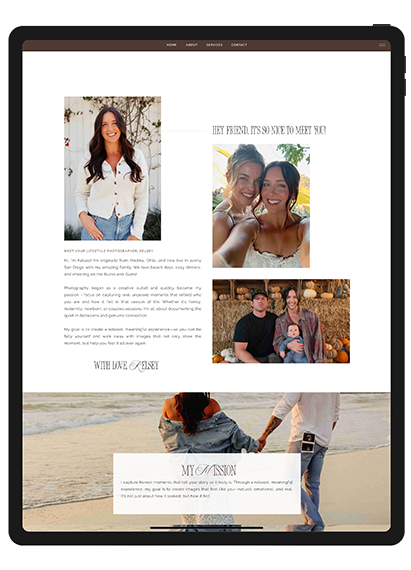 Website design for a photography business, showcasing the about page with warm colors and inviting family imagery.