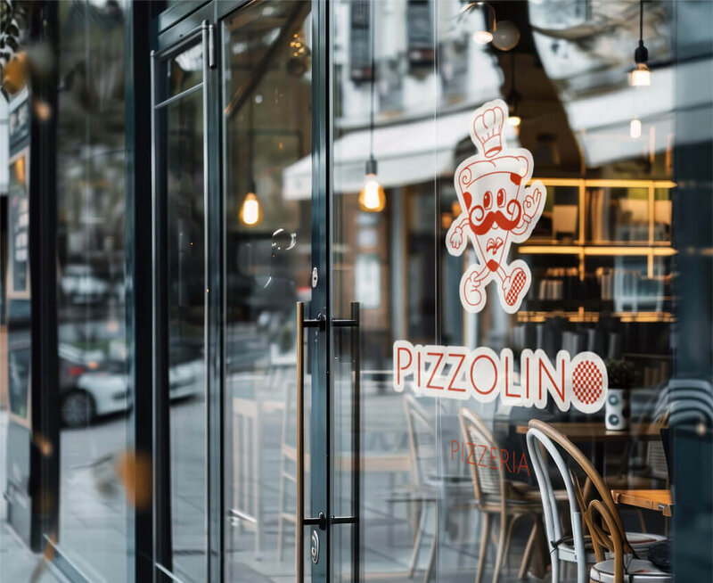 Maquette de présentation de l'identité visuelle de Pizzolino, qui représente une ambiance gourmande et traditionnelle. L'image montre la devanture du restaurant.