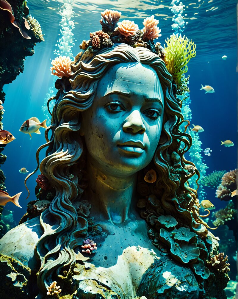 Hyper-realistic AI-generated underwater portrait from MISGIF’s AI photo booth, featuring a woman transformed into a coral-covered statue surrounded by fish, ideal for corporate events in Phoenix, Arizona