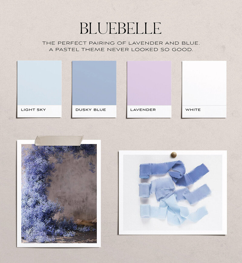 Moodboard of blues and purple tones to inspire you for your wedding