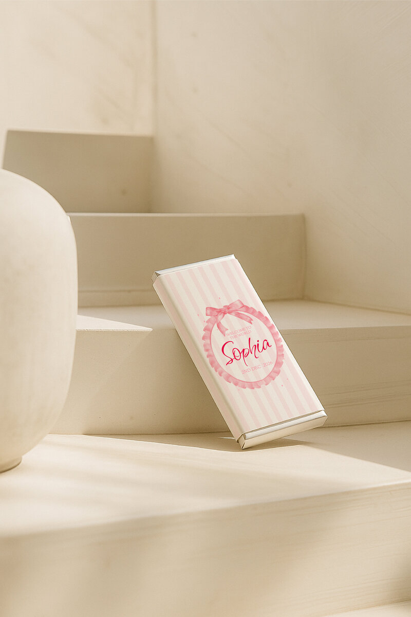 Personalised pink striped chocolate bar for baby girl Sophia’s christening – custom foil-wrapped favour by Barilliant