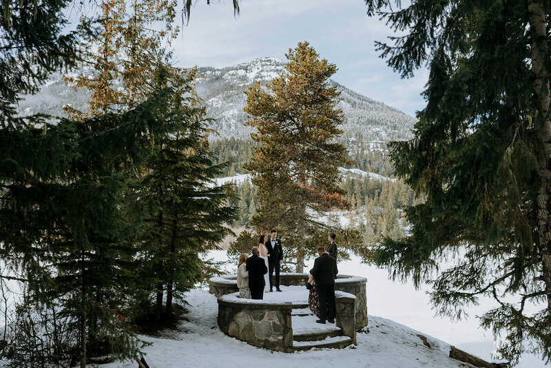 Whistler groom bends down to pet dog after Whistler wedding ceremony
