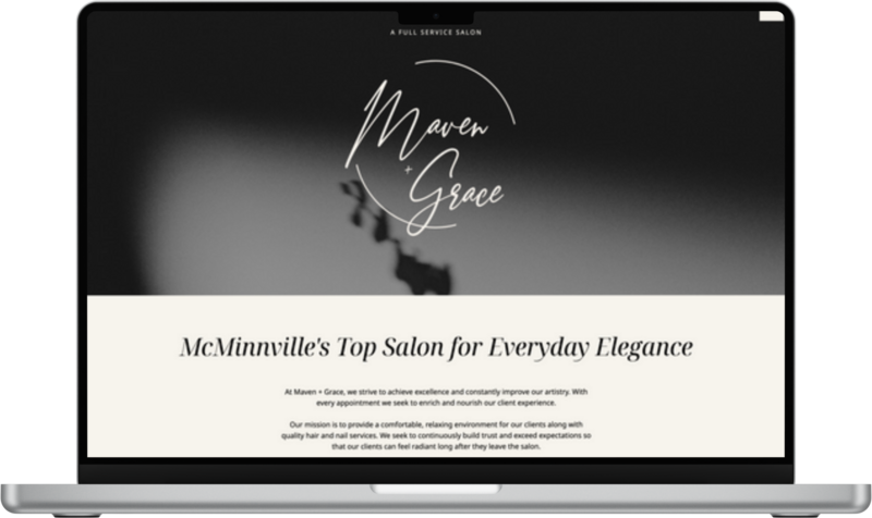 Screenshot of Maven + Grace Salon's elegant homepage displayed on a laptop, showcasing the website design by Ruby Works that emphasizes the salon’s reputation for everyday elegance in McMinnville.