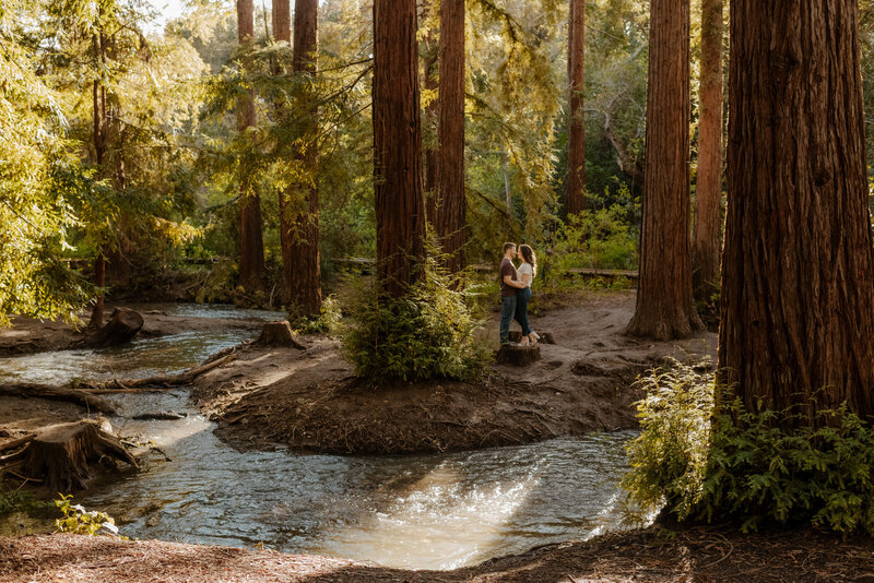 man and woman in the redwoods for their california engagement photos