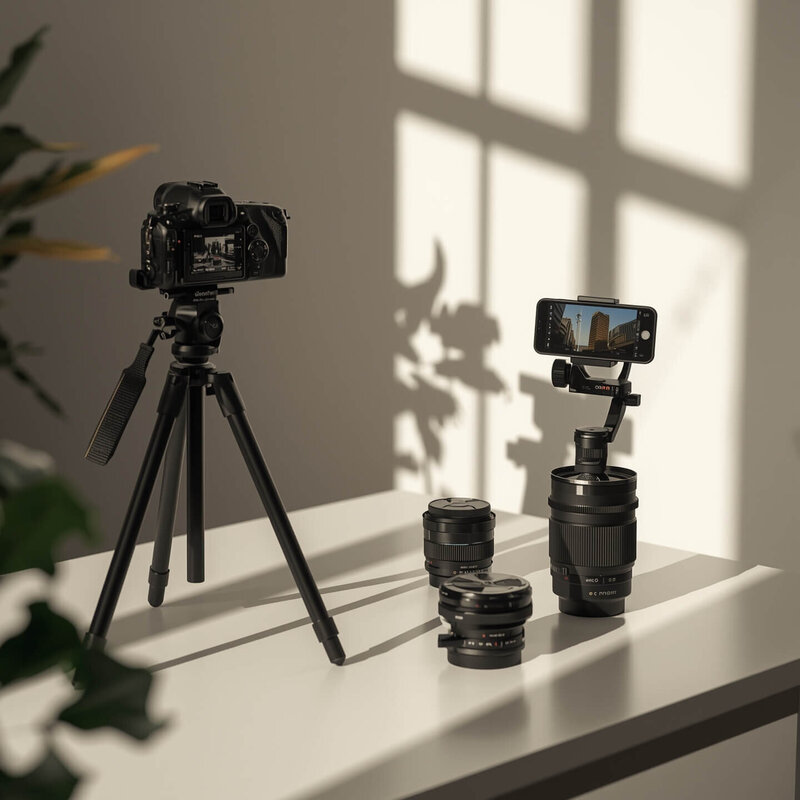 Matériel photo et vidéo posé sur une table éclairée par une lumière douce, avec un appareil photo sur trépied, des objectifs et un smartphone en stabilisateur, illustrant le pack Éclat dédié au reportage photo et vidéo émotionnel de Lili Créa Design à Saint-Nazaire