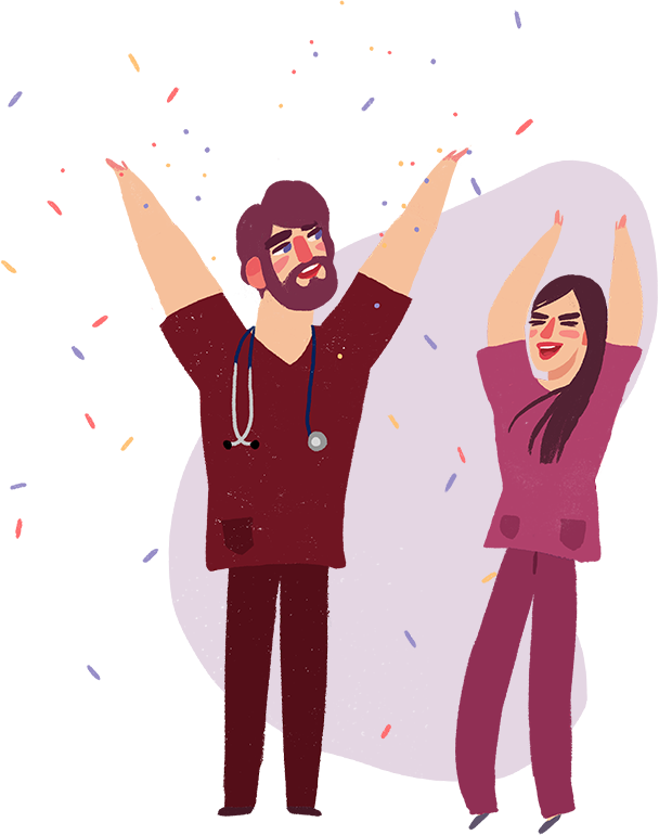 two cartoon nurses in pink scrubs celebrating graduation