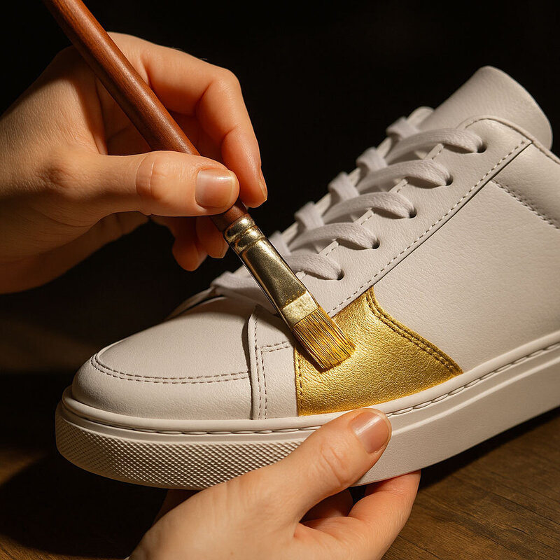 close up crop photo of hands painting a sneaker