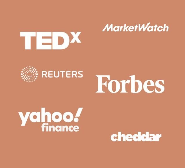 Logos of media outlets featuring TEDx, MarketWatch, Reuters, Forbes, Yahoo Finance, and Cheddar on a terracotta background.