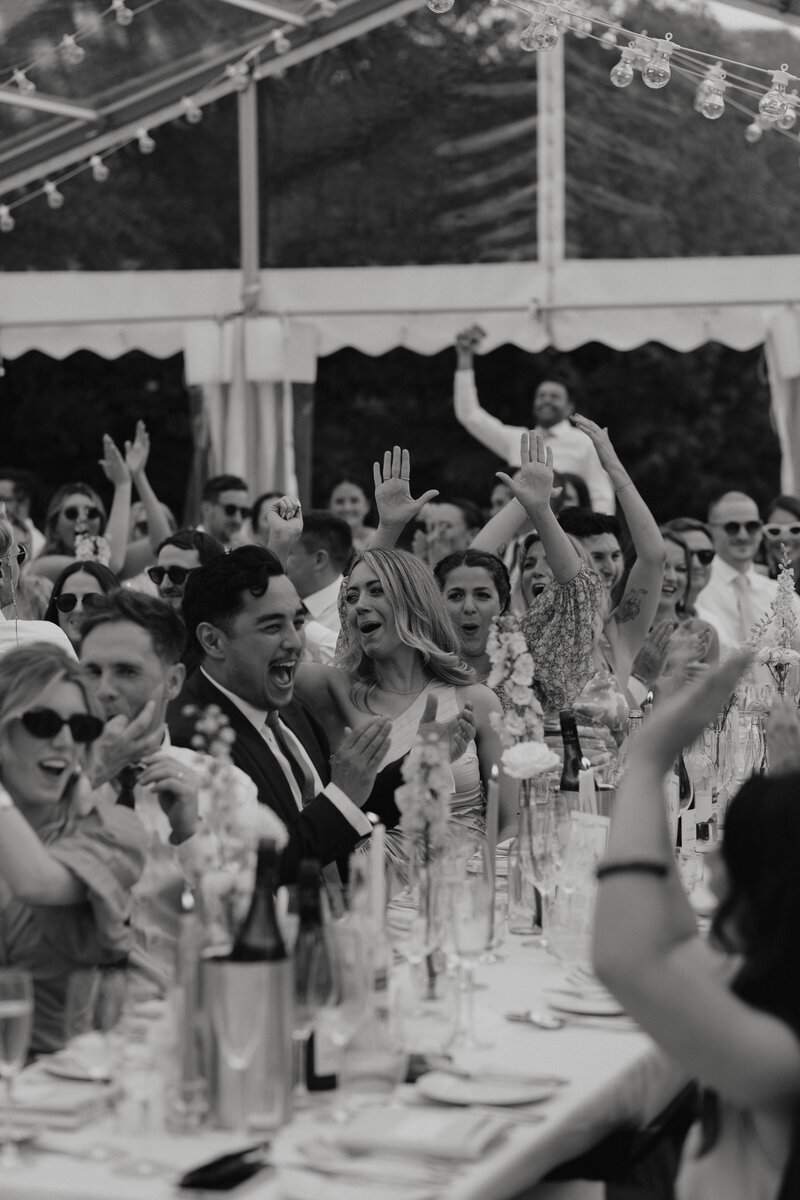 wedding guests cheering at newtimber place sussex