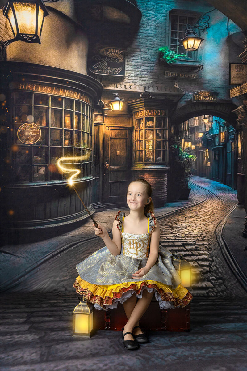 A young boy mixes potions at the Wizarding School Portrait event in Myrtle Beach, SC