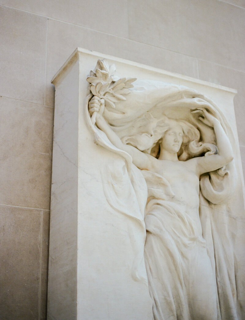 Sculpture at the Met, New York City film wedding photographer, feminine artistic detail