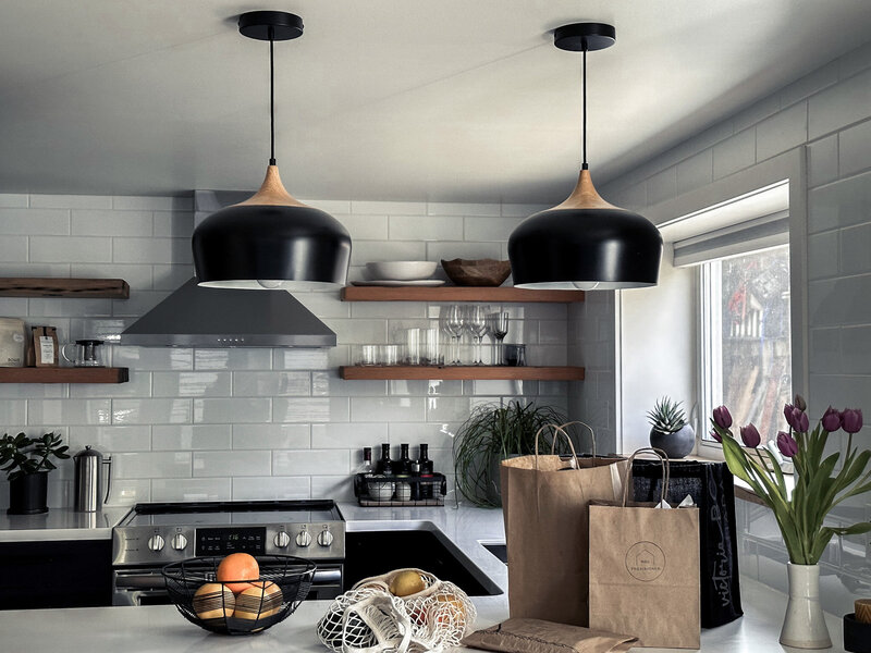 Kitchen with shopping bags