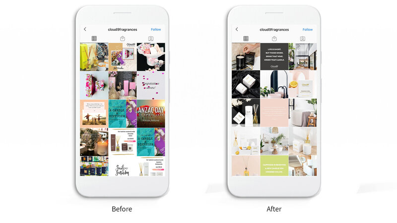 Before/After of Instagram Grid for Cloud9 Fragrances
