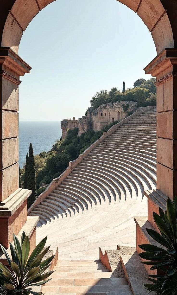 Historic open-air amphitheater with curved stone seating overlooking the Mediterranean coastline, framed by ornate archways and lush greenery.