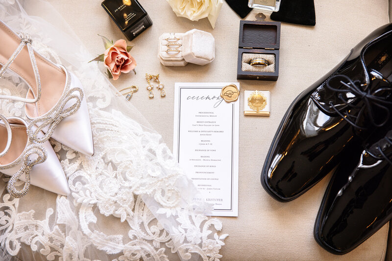 details of the wedding including veil, shoes and rings