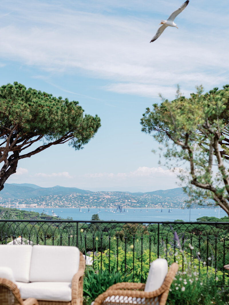 View from the balcony of Airelles Château de la Messardière, overlooking the French Riviera coastline and the Bay of Saint-Tropez