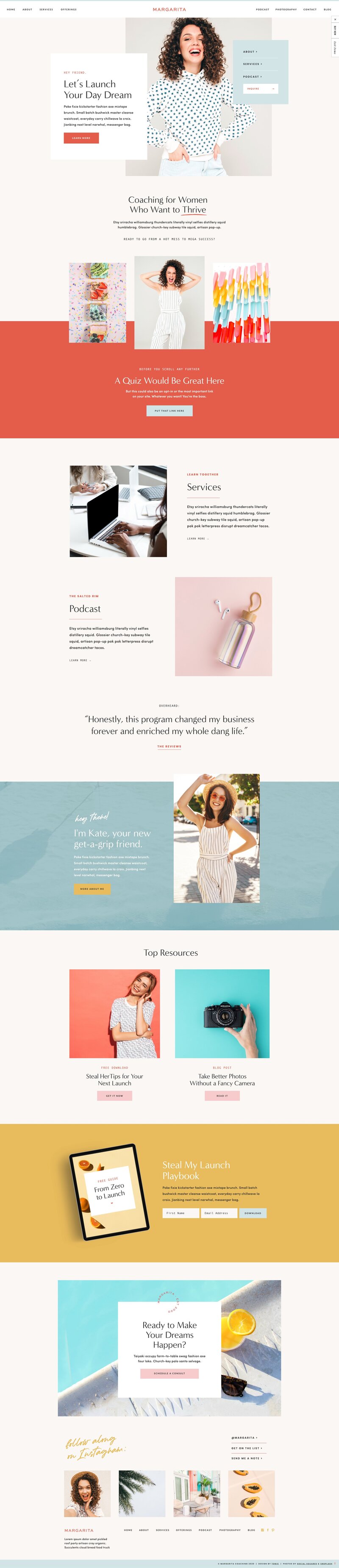 Screenshot of a website featuring various sections, including a welcome message, product offerings, testimonials, an about section, blog and resource links, newsletter sign-up—with Showit template customization for personal brands.