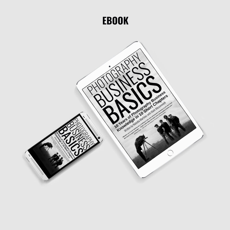 Photography Business Basics ebook tablet displayed with smartphone both featuring book cover in black and white