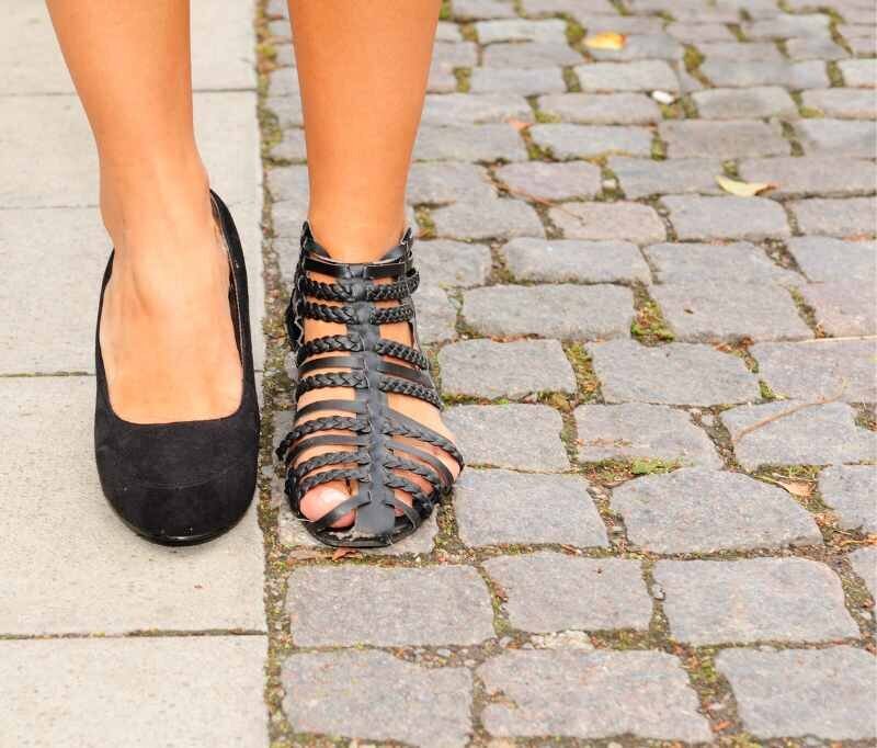 Closeup of a women's two shoes. On the left a black pump and on the right, a strappy black sandal, which symbolizes the transition into retirement.