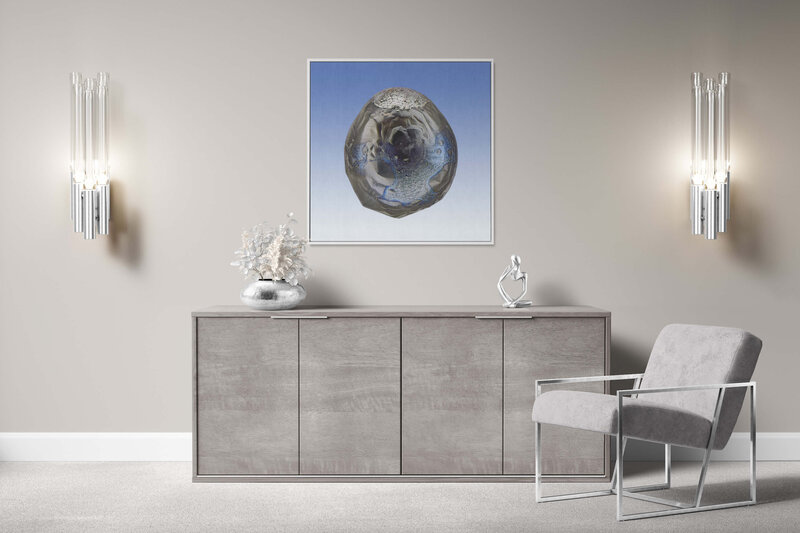 Fine Art Canvas with a white frame featuring Project Stardust micrometeorite NMM 628 for luxury interior design