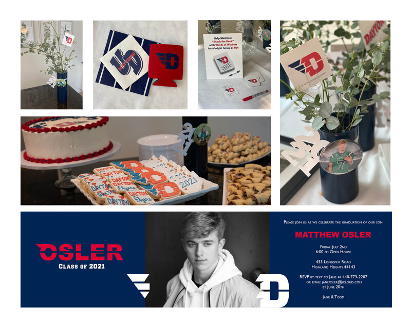 Univeristy of Dayton themed graduation party branding