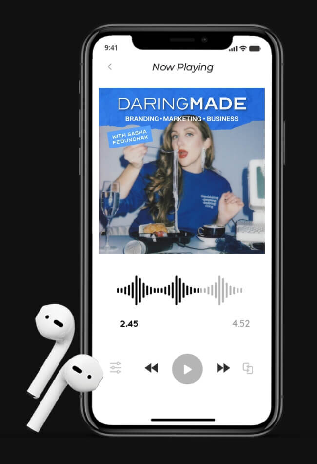 Mobile and AirPods mock up with Daring Made Podcast