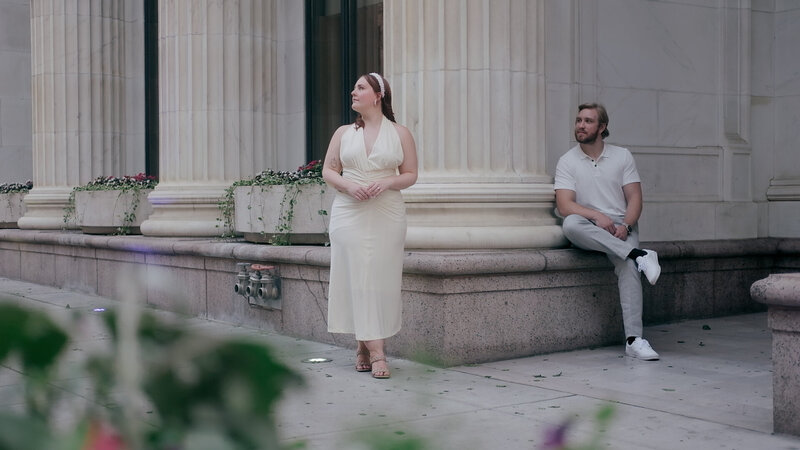 Bride and groom walk up memorial steps at their DC wedding